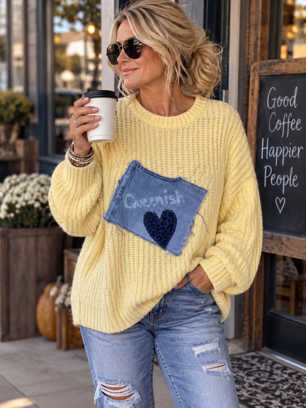 Women's Artisan Upcycled Recycled Handmade Oversized Yellow Sweater Queen Denim